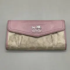 良品 コーチ 長財布 フラップ オプアート レザー ピンク ベージュ