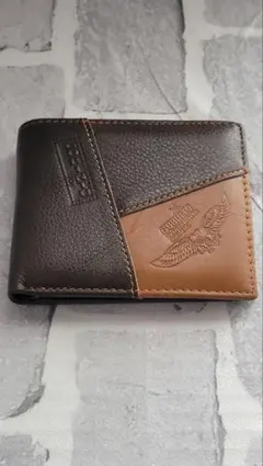 GUBINTU 本革二つ折りメンズジッパー小銭入れ財布ダーク ブラウン×キャメル