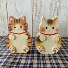 カントリー雑貨　木製猫　まんまる猫ちゃん2匹セット