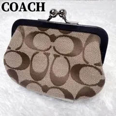 希少 COACH コーチ がま口 コインケース シグネチャー ブラウン エナメル
