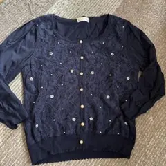レースネイビー刺繍ビジュー付き七分袖カーディガンのサムネイル