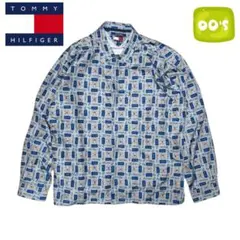 90s～ TOMMY JEANS グレー 総柄ロゴ ポリ 長袖シャツ