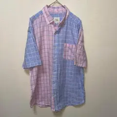 美品　オーセンティック　半袖　チェック　シャツ　綿麻混紡　ピンク/ブルー　L