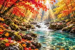 紅葉と清流の絶景　エメラルドブルー　もみじ　風景画　秋　イラスト　C268