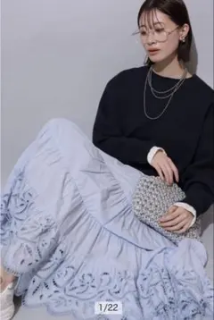 新品同様 Arpege story 裾刺繍ロングスカート SSサイズ ブルー