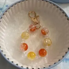 ビーズキーホルダー　クリア　オレンジ　イエロー