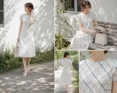 ​美品 J.PRESS ウィンドウペンチェック柄 半袖 ワンピース 白 Mのサムネイル