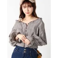 チェック柄フリルブラウス+黒レーストップス 2点セット