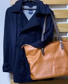トレンチコート　ネイビー　ショート丈L サイズ　トートバッグ　オレンジ　2点