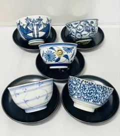 未使用品有田焼銘々染付湯飲み 5個セット 茶托付き
