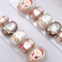 【656】ネイルチップSサイズ クマサンタ チェック 雪 ベージュ マグネット