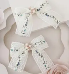 ブルーフローラルレースリボンヘアクリップ 2個セット ガールズ