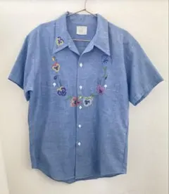 花柄刺繍 半袖シャツ ライトブルー