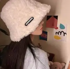 883 レディース バケットハット ホワイト 帽子 ふわふわ 韓国 フリーサイズ