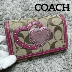 COACH コーチ 二つ折り財布 シグネチャー柄 ピンク ベージュ ハート