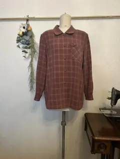 バーガンディ チェック柄 長袖　カットソー　昭和　レトロ　ヴィンテージ