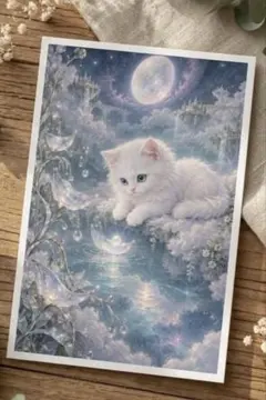 デジタルスピリチュアルアート 月の雫と白猫 ねこ 開運 ポストカード