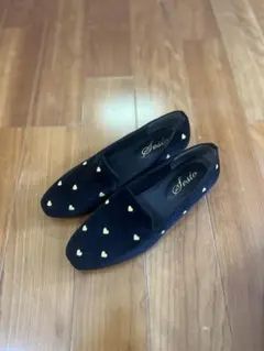 ハート刺繍 ブラック フラットシューズ