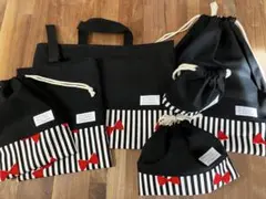 ハンドメイド　入学入園6点　ブラック×ストライプ　赤リボン柄　裏地ネイビースター