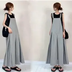 プリーツ サロペット ワイドパンツ グレー オールインワン ロングパンツ　キャミ