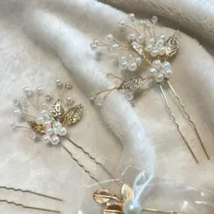 パールと葉のゴールドヘアピンセット 7本