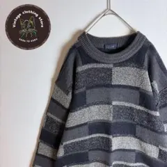 【ニット 総柄 モノトーン レンガ ウール混 古着 灰色】