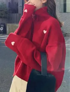 【24時間以内発送】SHEIN 赤 ハート刺繍 ハイネックセーター