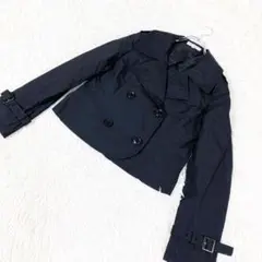 【日本製】ショート丈トレンチコート　リボン　ドローコード　ブラック　40サイズ