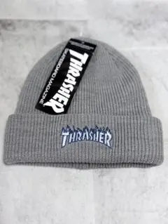 THRASHER スラッシャー フレイムロゴ 刺繍 リブニット ビーニー グレー