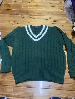 POLO SPORT ケーブル編み Vネックコットンセーター XL 緑