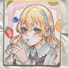 手描きイラスト女の子 赤ずきん リボン オリジナル アナログ 色紙 原画