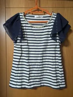 クチュールブローチ袖シフォン半袖パール付ボーダートップス38