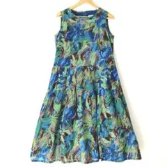 美品 un peu. 日本製 リネン混 ボタニカル柄 ティアードワンピース LL