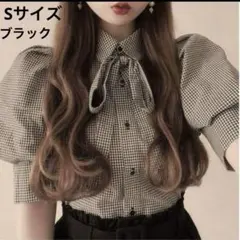 GRL）リボンタイ付きギンガム柄パフスリーブブラウス[tu93b] ブラック