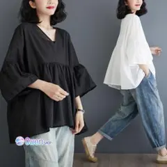 早い者勝ち 秋物 フレア袖 Vネック 着痩せ ブラウス 無地 大きいサイズ