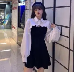 韓国風ショート丈パフ袖セットアップブラウスミニワンピース Sサイズ