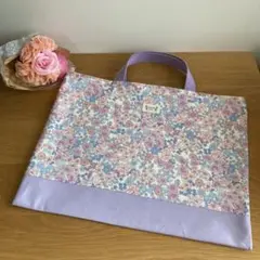 レッスンバッグ　花　リボン　女の子　パープル　通園バッグ　お道具袋　絵本袋