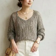 UNITED ARROWS ラメニット Vネック 透かし編み ゆったり F