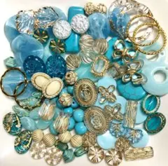 ターコイズブルー系＆ゴールドライン☆アンティークビーズMIX☆