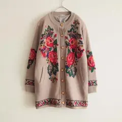 a 昭和レトロ ニット コート カーディガン ジャケット 花刺繍 金ボタン
