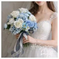 【週末限定SALE】 ウェディングブーケ ブルー 前撮り 韓国風 造花 薔薇