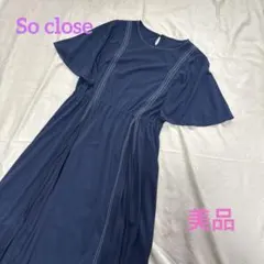 美品ディノスSo close ワンピース 濃紺 フレア ミモレ丈 LLのサムネイル