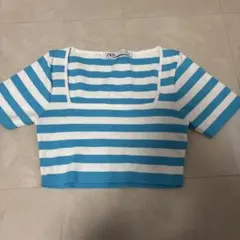 ZARA 青と白のストライプ クロップドトップス Sサイズ