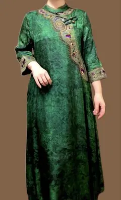 シルク 刺繍入り グリーン ロング ワンピース 上品 細見え