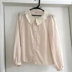 パラビオン　レース襟のライトピンク長袖ブラウス　Mサイズ