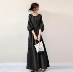 ワンピースラウンドネック綿混ボリューム袖キレイめ7分袖ワンピロング黒韓国シンプル