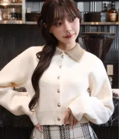 ポロ襟配色ニットカーディガン