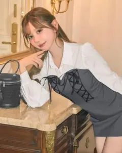 ミシェルマカロン　シャツドッキング編み上げリボンワンピ　XS