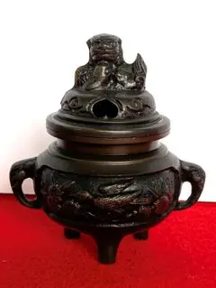 ▼鳥·彫刻獅子蓋付き真鍮製香炉 ▼
