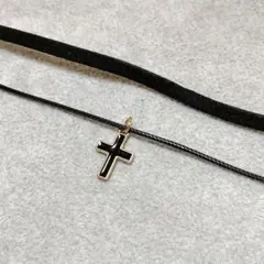 ブラックコードスエードダブルラインチョーカー十字架クロスロザリオネックレス2連